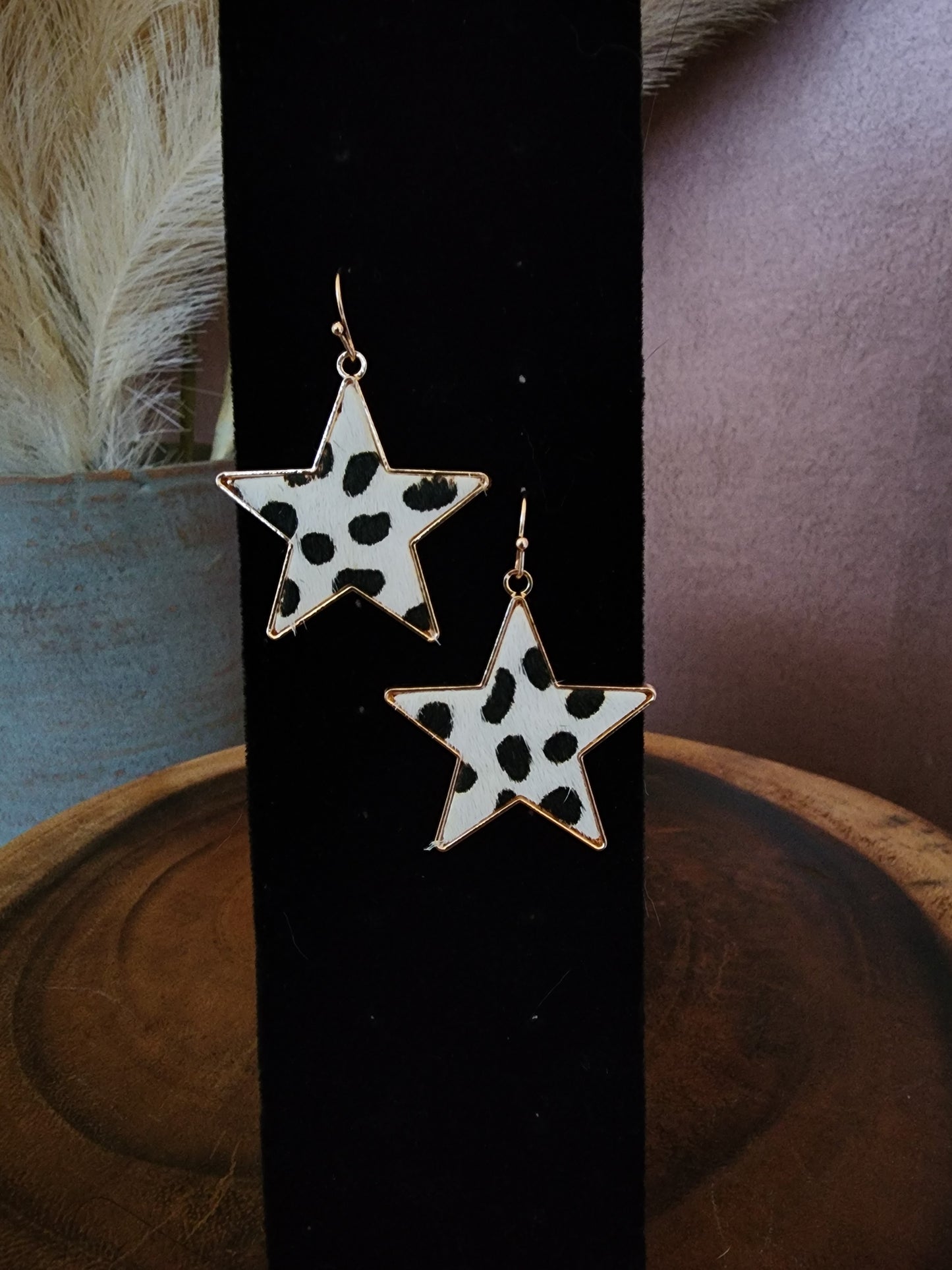 Hair On Hide Star Earings - Cow Print