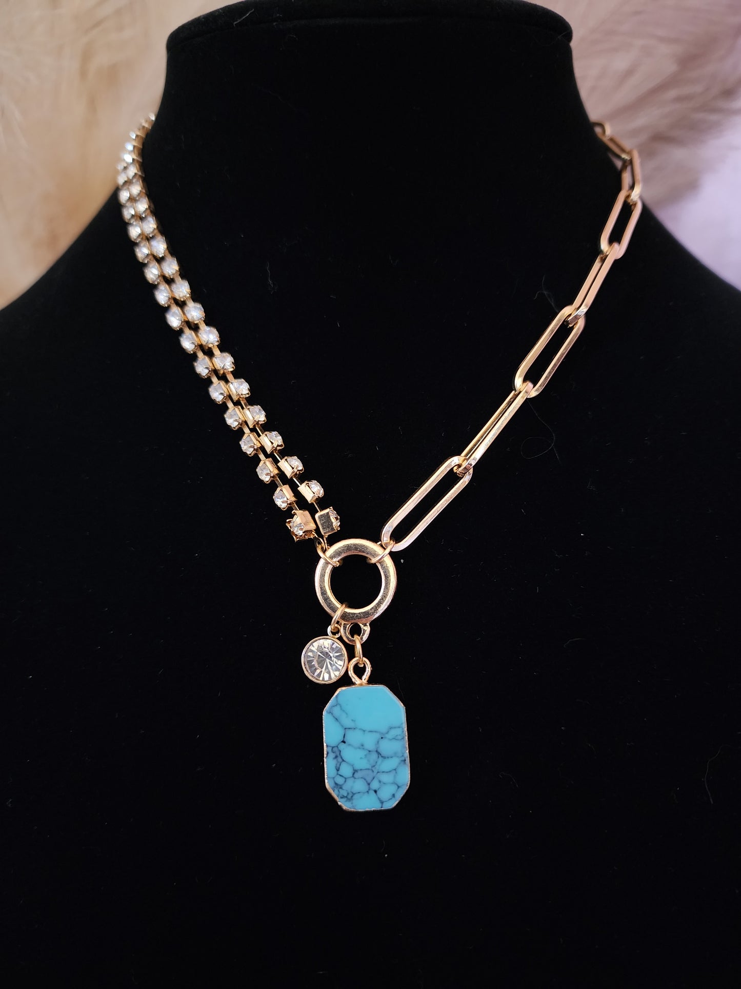 Rhinestone & Turquoise Gold Necklace